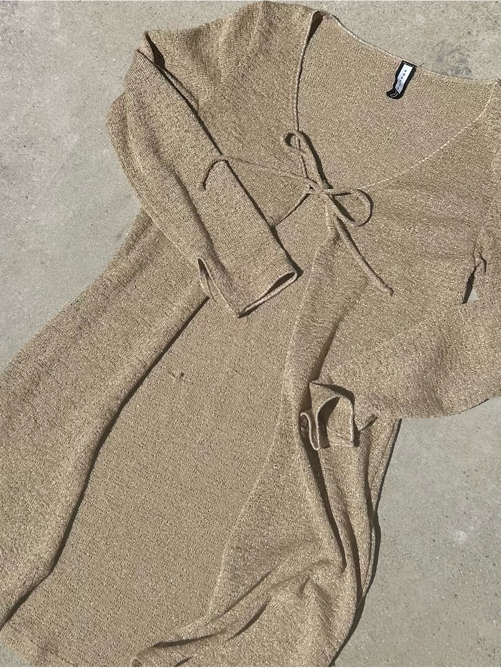 Knit Tie-Front Long Sleeve Dress in Metallic Tan